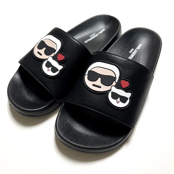NWOB KARL LAGERFELD Ziven Slide Slip On Sandal Cat Black Choupette Love  Kitty